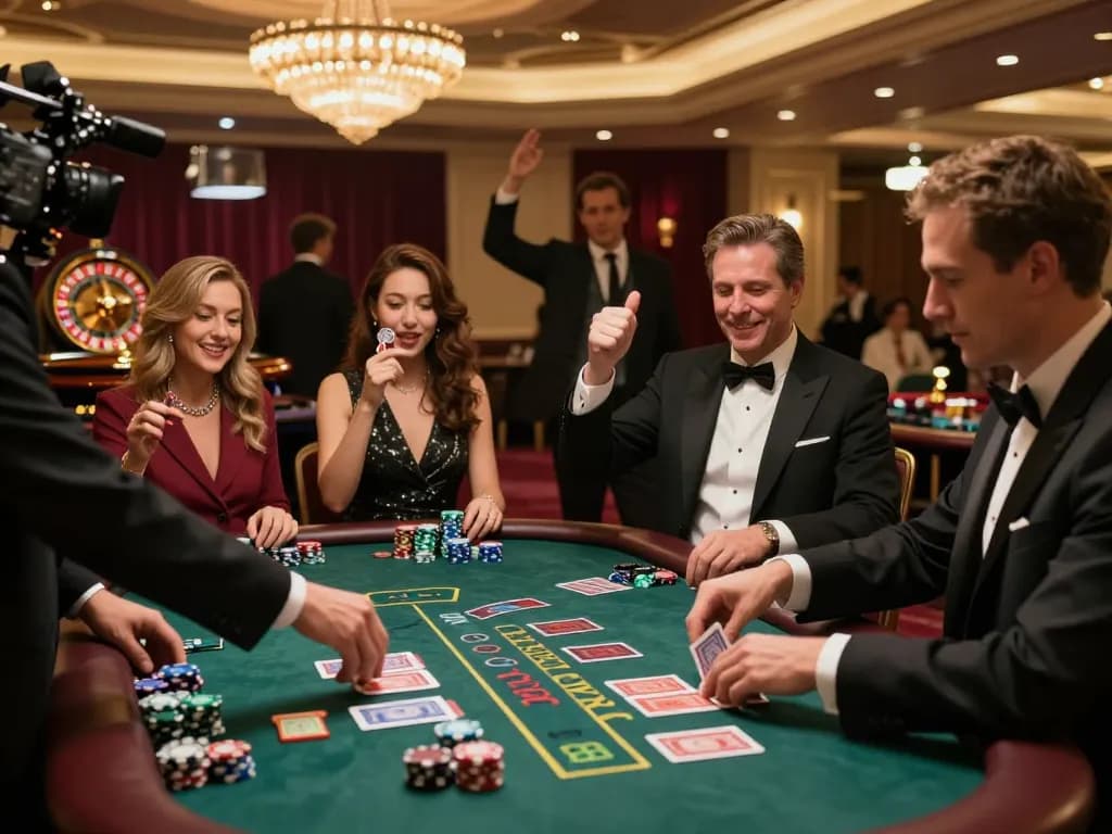 Players at a blackjack table celebrating at 7M casino, showcasing excitement and strategy.