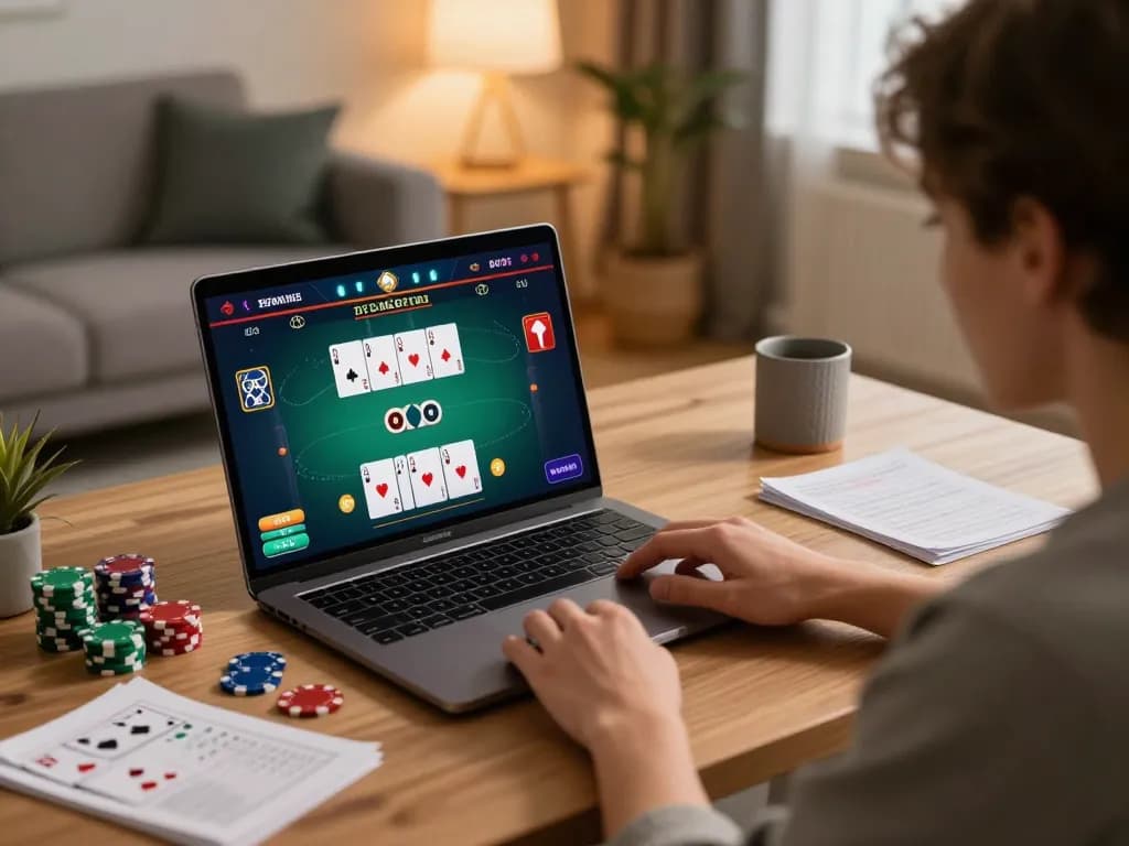 Engaged player enjoying NK88 online poker game with laptop in a cozy home office