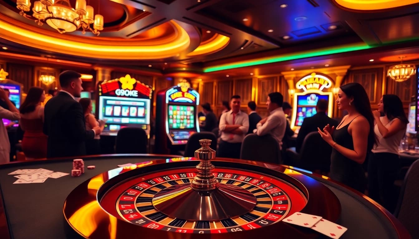 Gamblers enjoying the vibrant 99oke online casino experience with roulette and poker tables.