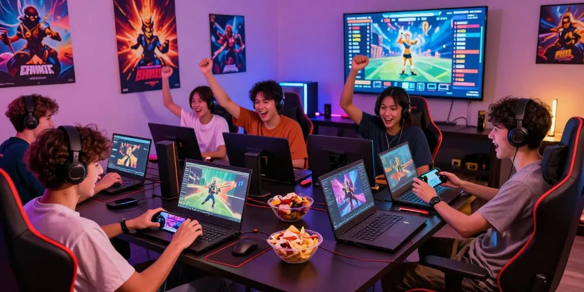 Friends enjoying exciting games on Mahajitu in a vibrant gaming room.