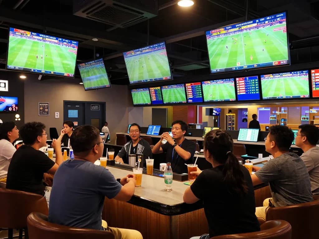 Engaged bettors analyzing kèo nhà cái updates on screens in a lively sports lounge.