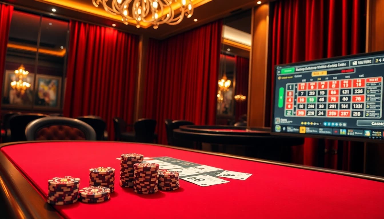 K88 branded casino table with poker chips and cards creating an exciting gaming atmosphere.