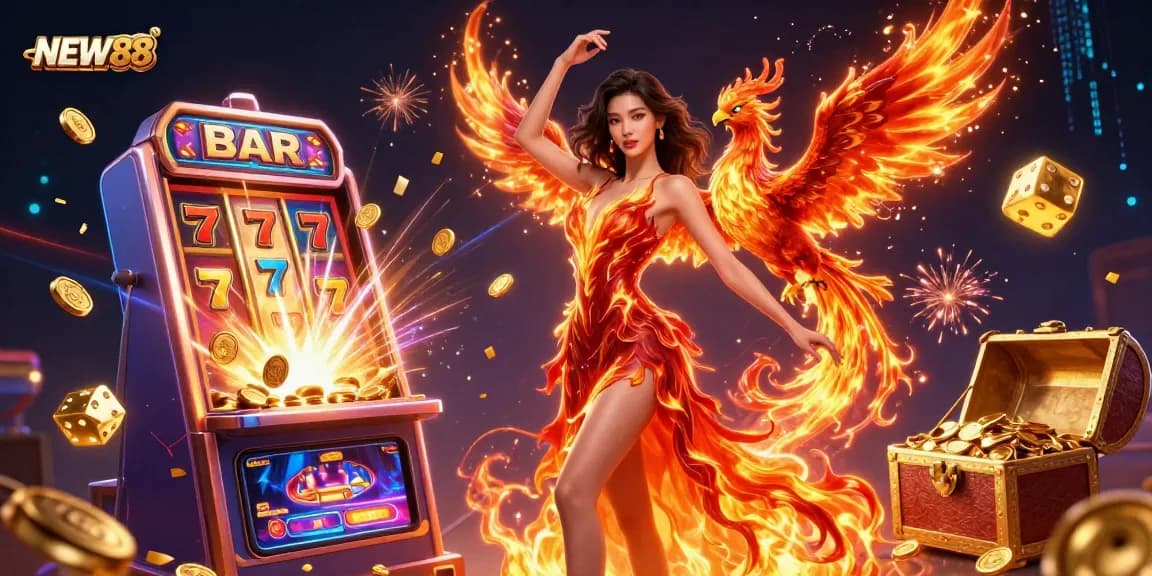 Experience the excitement of NEW88 with a stunning 3D visual of a casino scene bursting with jackpot celebrations!
