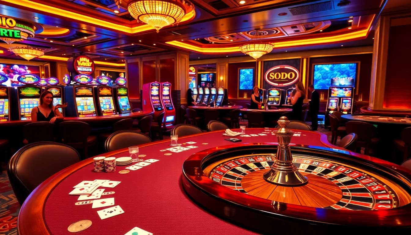 SODO casino ambiance with players at poker tables and vibrant slot machines creating an exciting gambling atmosphere.