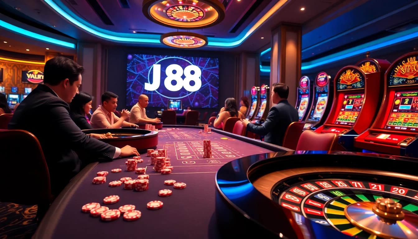 Experience the excitement of J 88 as players engage in high-stakes casino action with poker chips and roulette wheels.