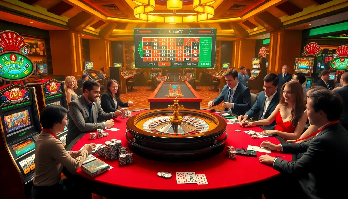 Engaging players at casino tables celebrating with juragan77 slot wins and poker strategies.