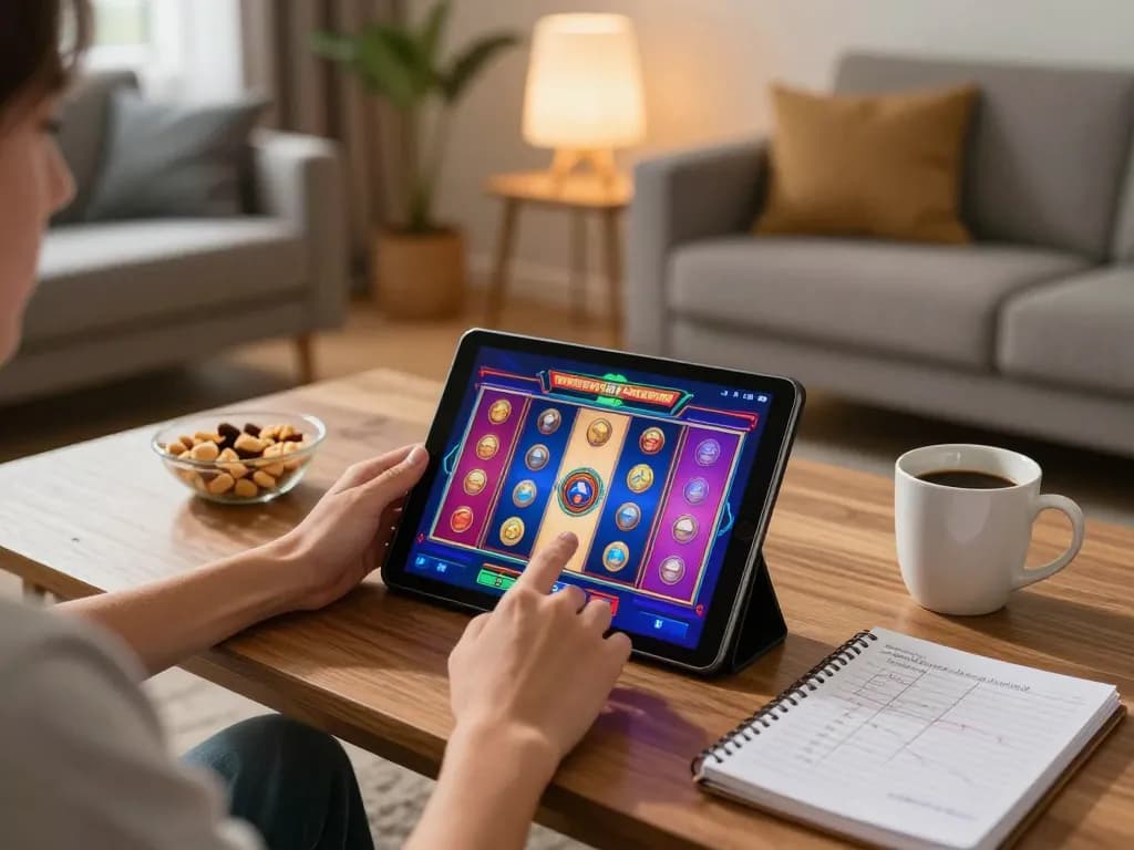 Playing oli4d alternatif slot games on a tablet in a cozy home setup, enjoying casual gaming.