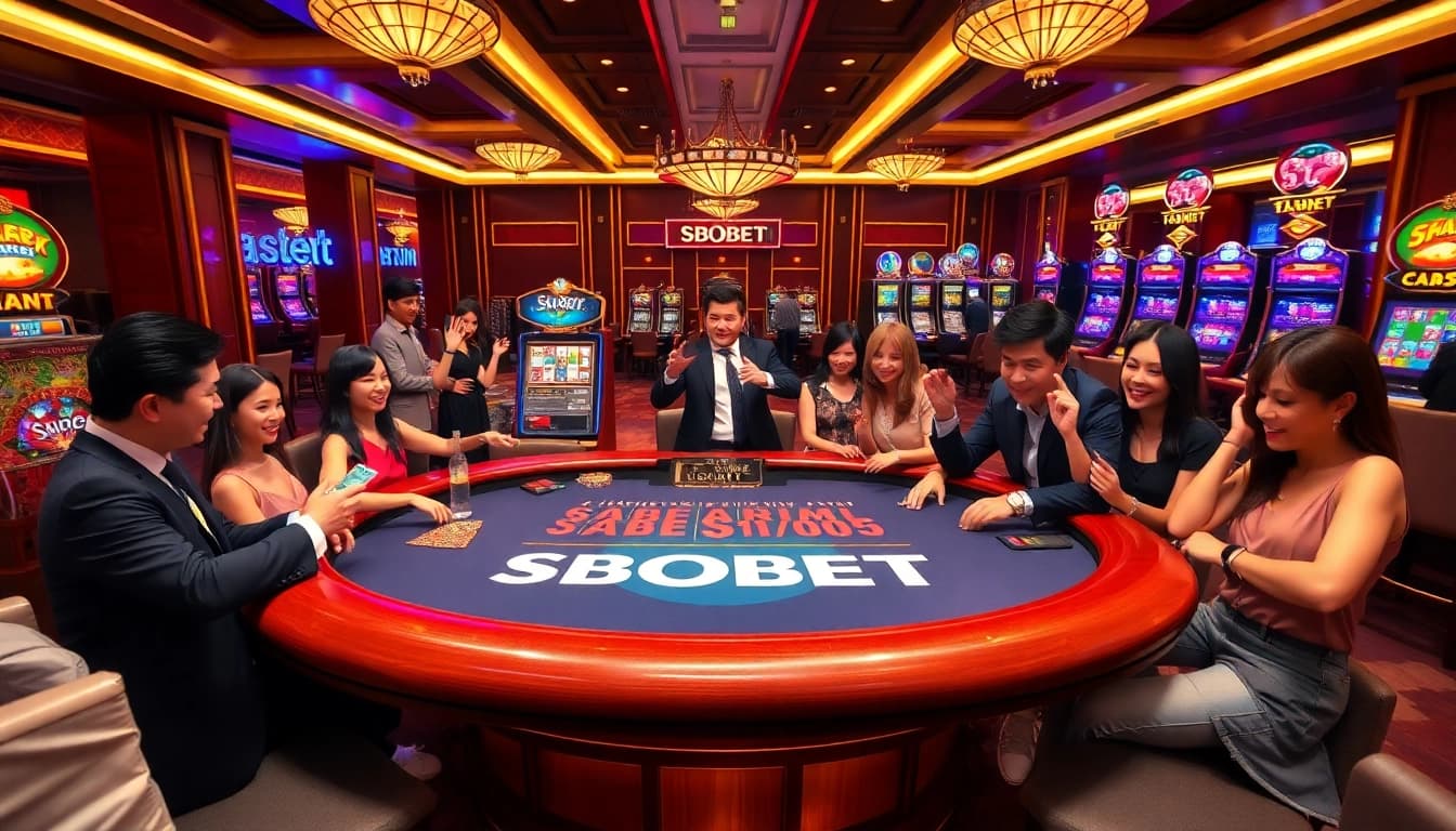 SBOBET players enjoying an exciting game at a luxurious casino baccarat table.