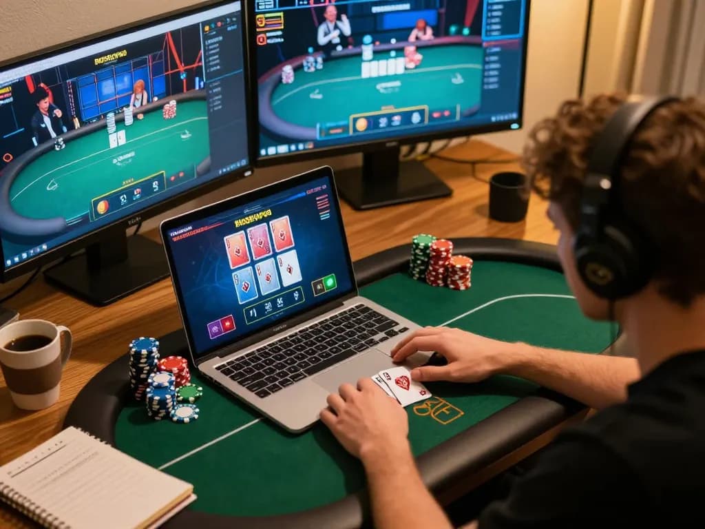 Pemain terlibat dalam poker online dengan fokus BIOSKOP69, laptop menampilkan kartu dan chip dalam suasana kantor rumah yang nyaman.