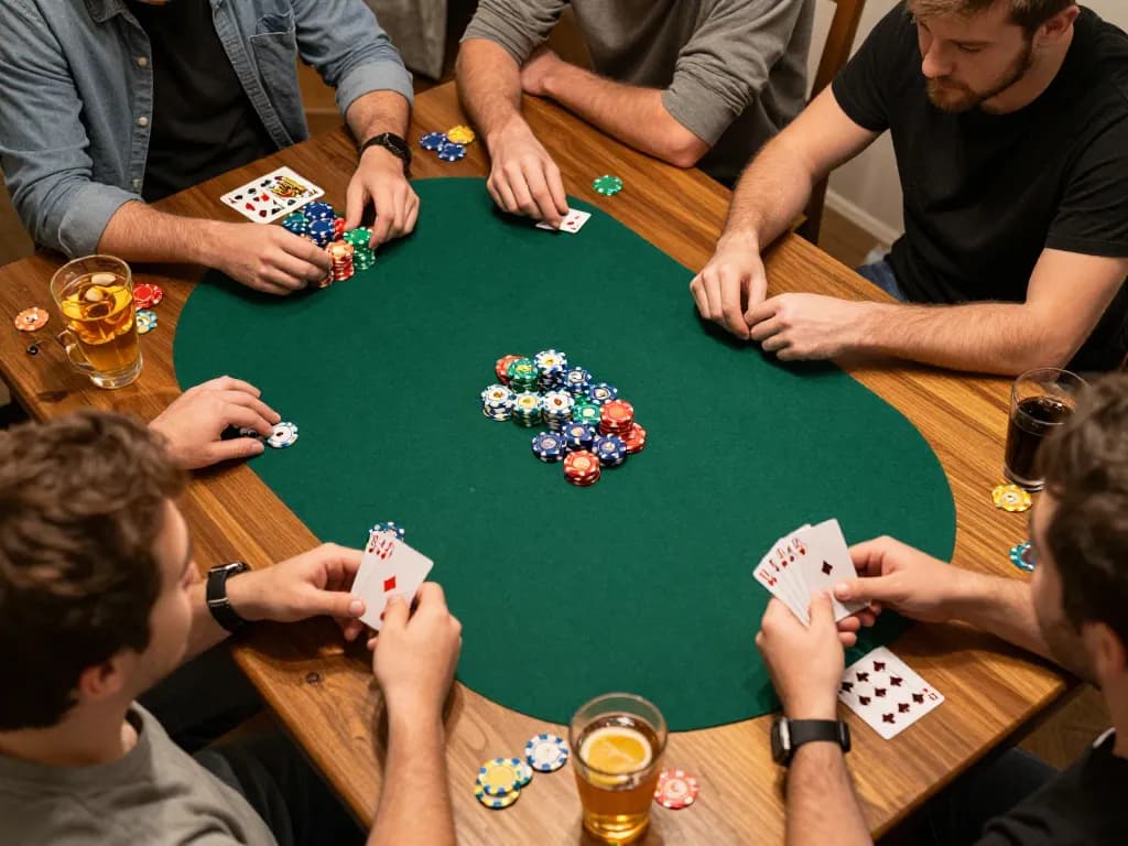 Friends engaging in a thrilling poker game at home, capturing the excitement of O8 casino nights.