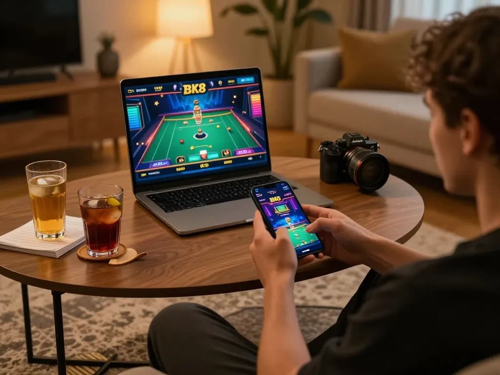 Player enjoying BK8's mobile app in a stylish home setting, showcasing live dealer gameplay.
