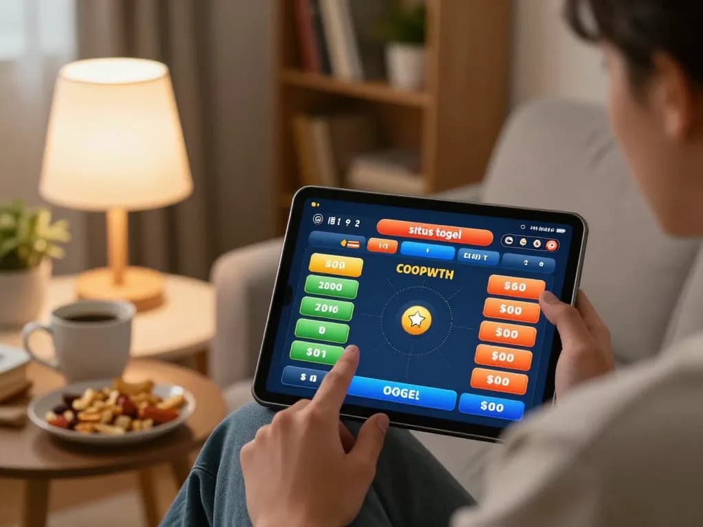 permainan situs togel di tablet dengan pemain fokus pada opsi taruhan dan suasana rumah yang hangat