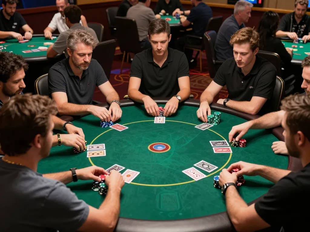 Competitive players strategizing their moves at a poker table in 789P Casino.