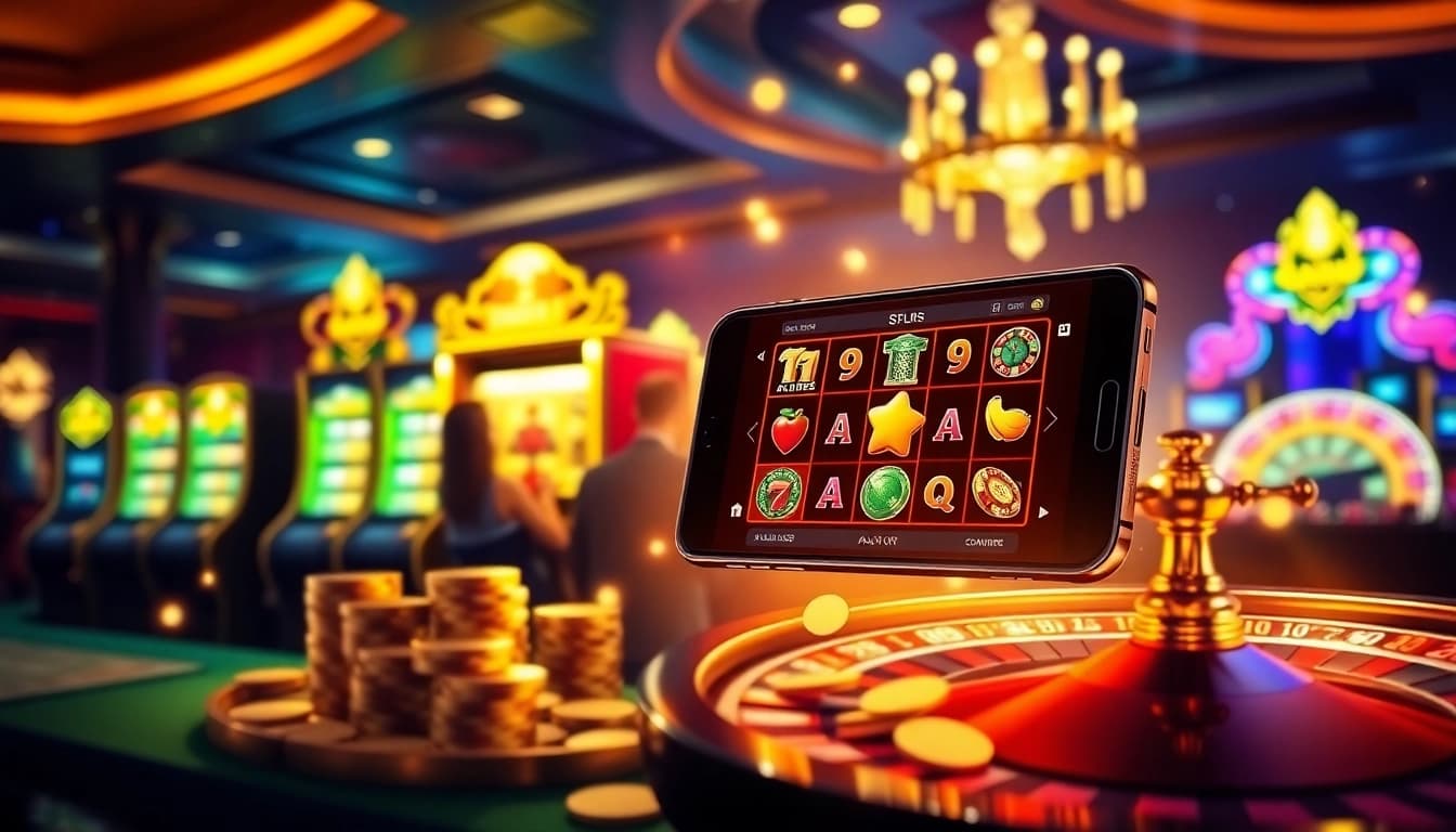 Pemain yang terlibat menikmati permainan apk slot di tengah kegembiraan kasino yang hidup dan mesin slot yang berwarna-warni.