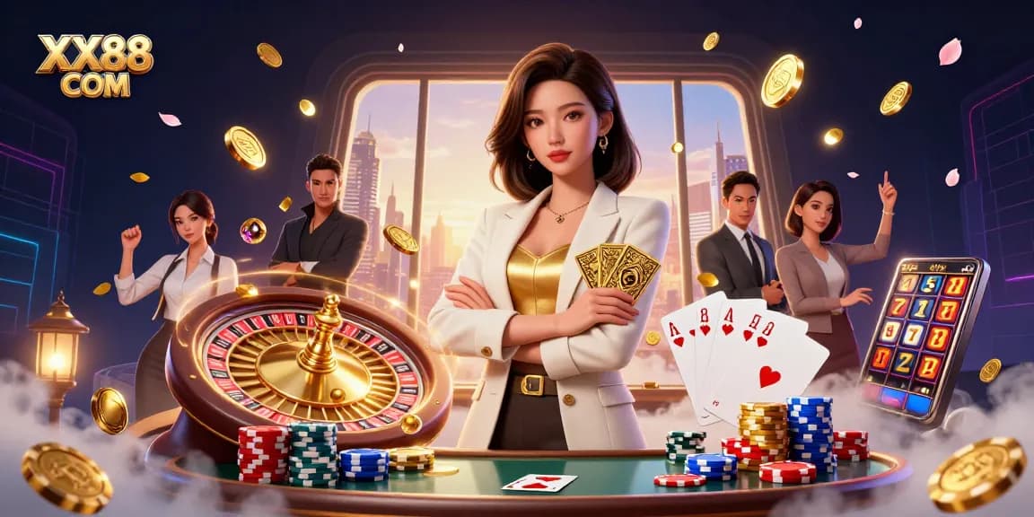 Experience thrilling gaming at XX88 COM with a glamorous Asian woman holding golden cards amidst a dazzling casino scene.