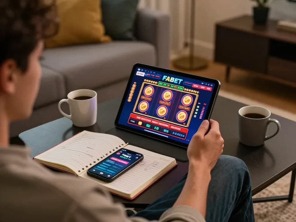 Player engaged in FABET online casino gameplay on tablet, cozy home atmosphere with strategic betting notes.