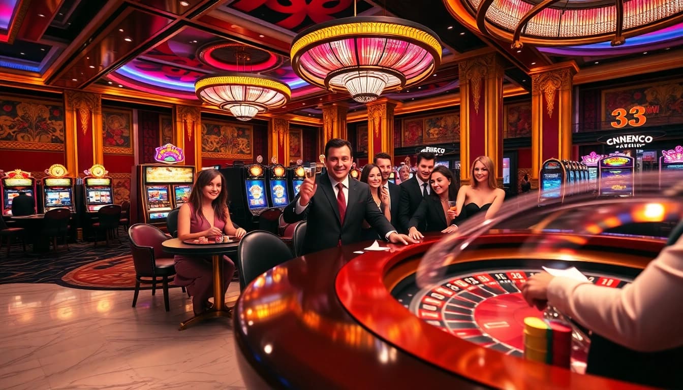 Exciting gaming experience at 33win casino with vibrant poker, roulette, and slot machines.