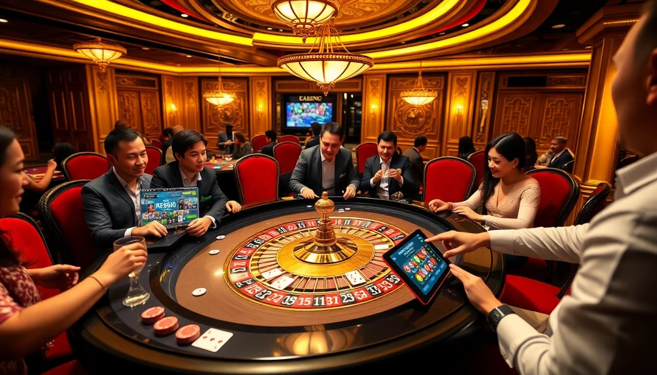 Experience thrilling moments at fb88 report as players engage at a roulette table in a vibrant casino atmosphere.