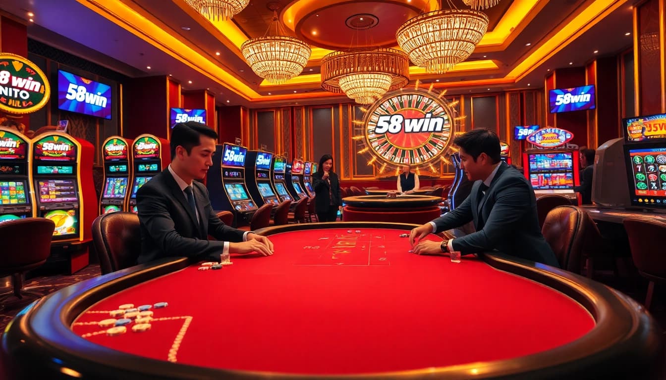 Engaged players enjoying thrilling games at 58win casino, showcasing poker and slot machines.