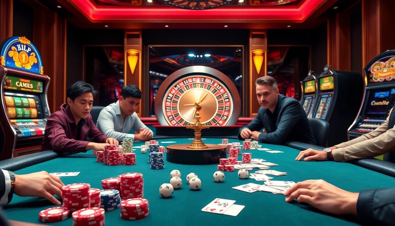 Thrilling casino atmosphere with players at poker tables and vibrant Thabet gaming elements