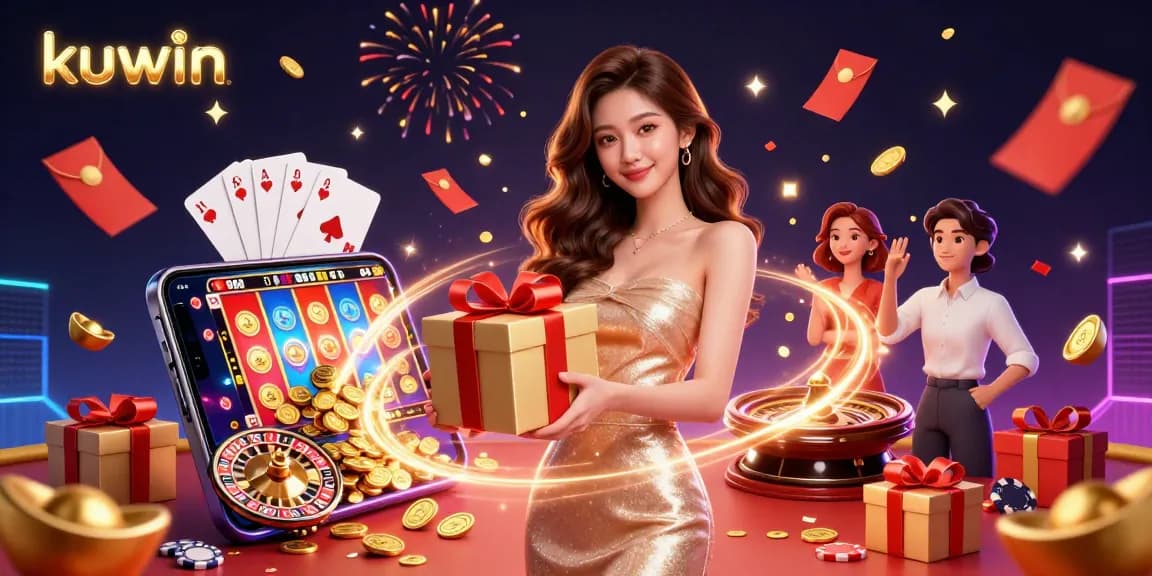 Kuwin presents a vibrant online casino scene with a gorgeous woman celebrating wins among golden coins and dynamic gaming elements.