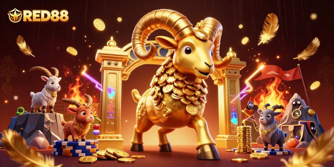 Engage with thrilling RED88 casino action featuring a golden ram charging through a vibrant gaming arena.