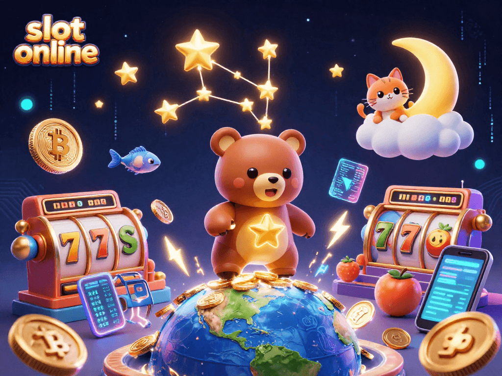 Permainan slot online yang mengasyikkan menampilkan simbol jackpot dan koin digital yang bersinar