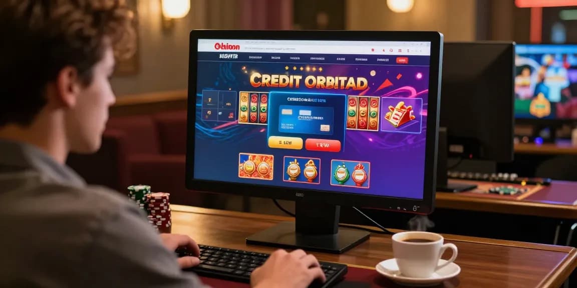 Engaging scene of a player using credit card casinos on a vibrant online casino site with gaming icons.