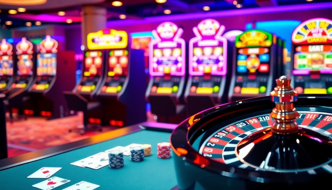 Players engaging in thrilling casino games at king88hi.com with vibrant tables and modern equipment.