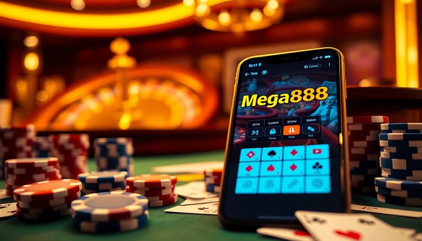 Experience Mega888 APK on a smartphone in a vibrant casino setting, enhancing your gaming adventure.