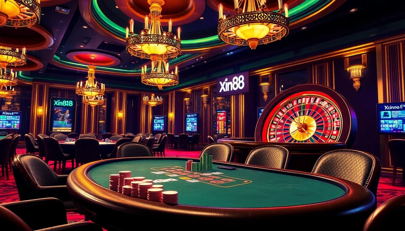 Experience the thrill of Xin88 with vibrant casino gaming scenes showcasing poker and roulette.