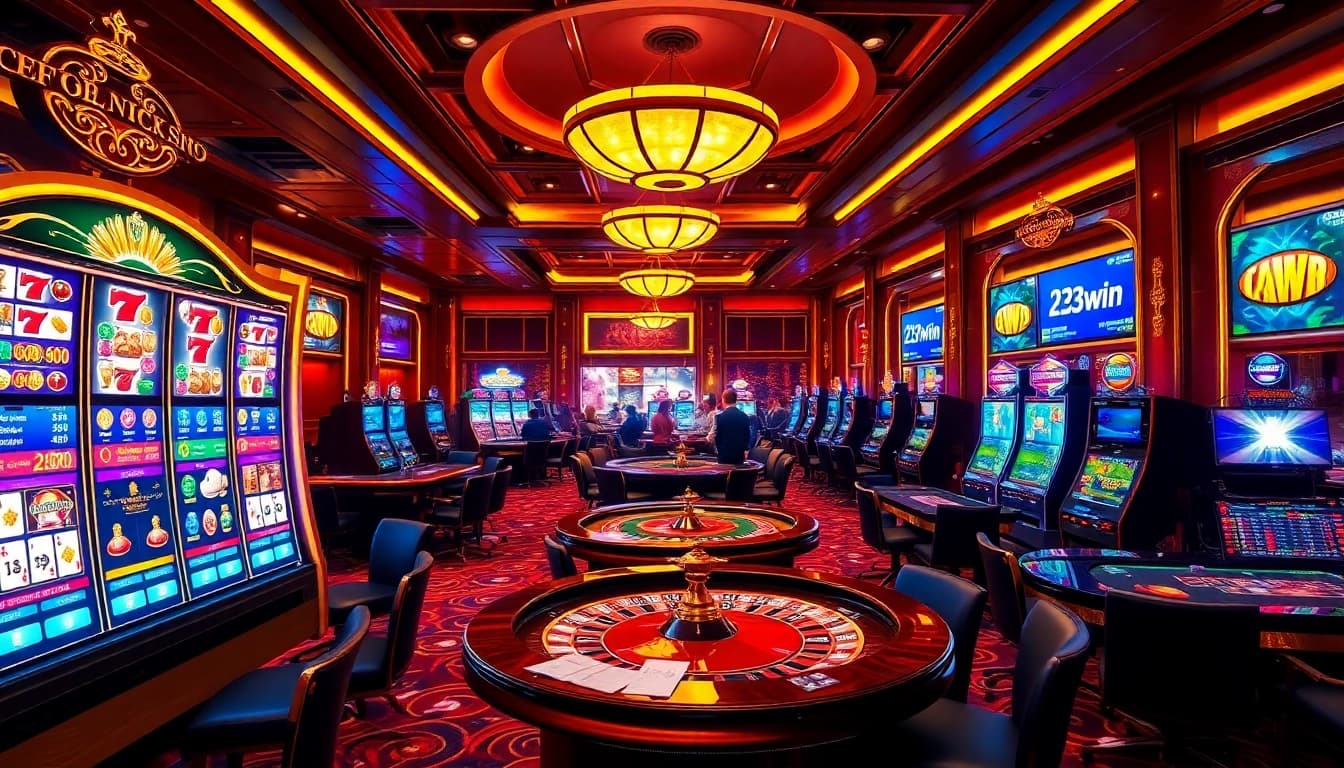 Experience thrilling gameplay at 23win com with vibrant casino visuals showcasing slot machines, poker, and roulette.