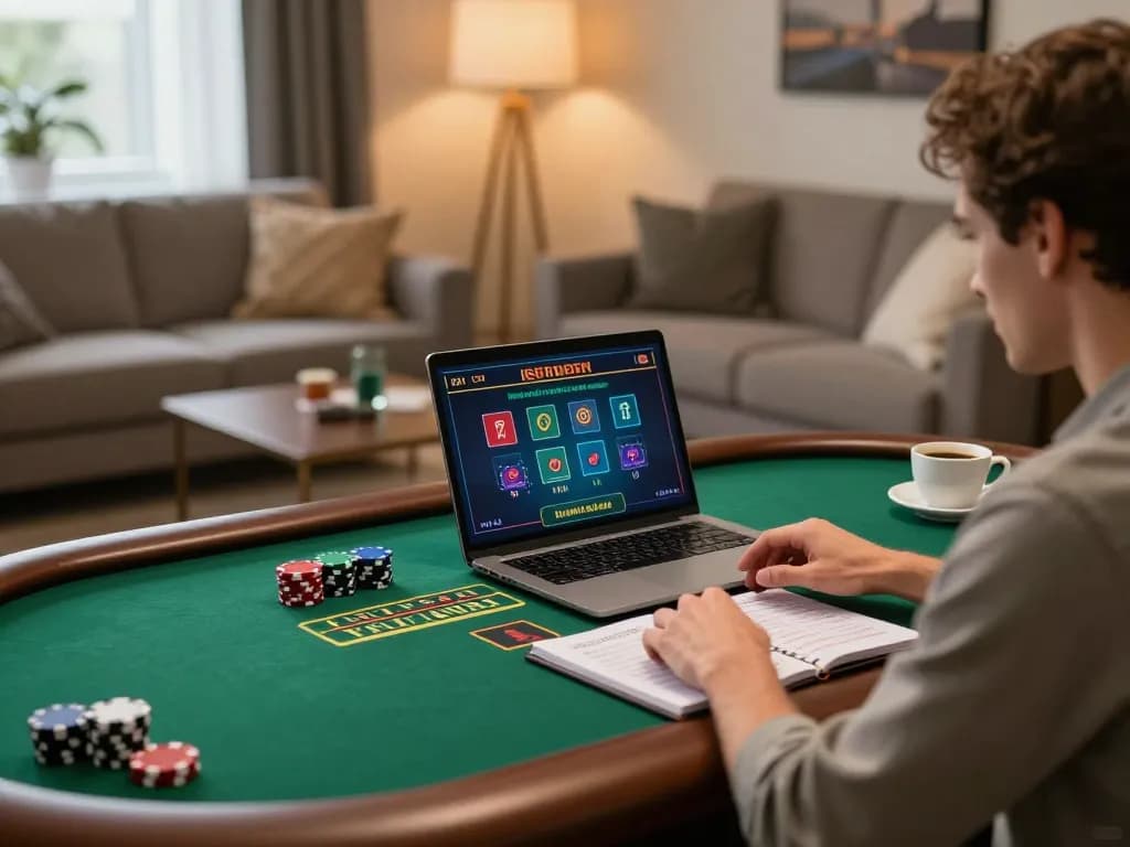 Player engaging in a live dealer game at LV88 online casino, showcasing gaming strategy and home environment.