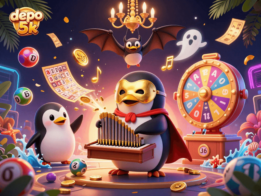 Experience the excitement of 'depo 5k' as colorful lottery balls bounce around in a cash-filled digital casino.