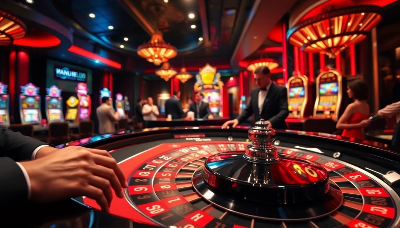 Spannende Spieler beim casino spielen an einem Roulette-Tisch mit lebhaften Lichtern.