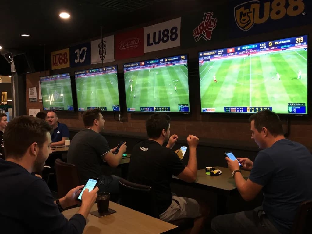 LU88 bettors engaging in live sports betting action, screens showcasing live odds and excitement