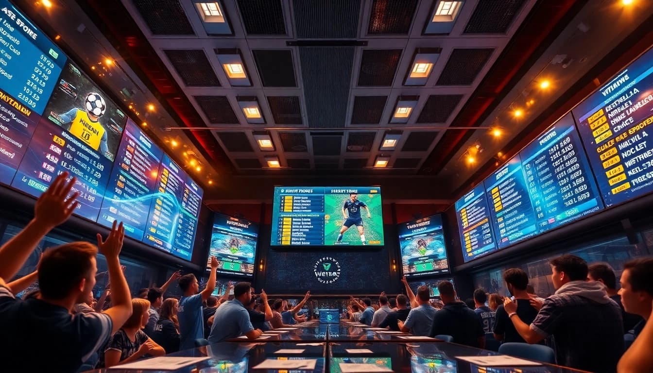 Live sports betting scene focusing on kèo nhà cái with dynamic odds display and enthusiastic fans.