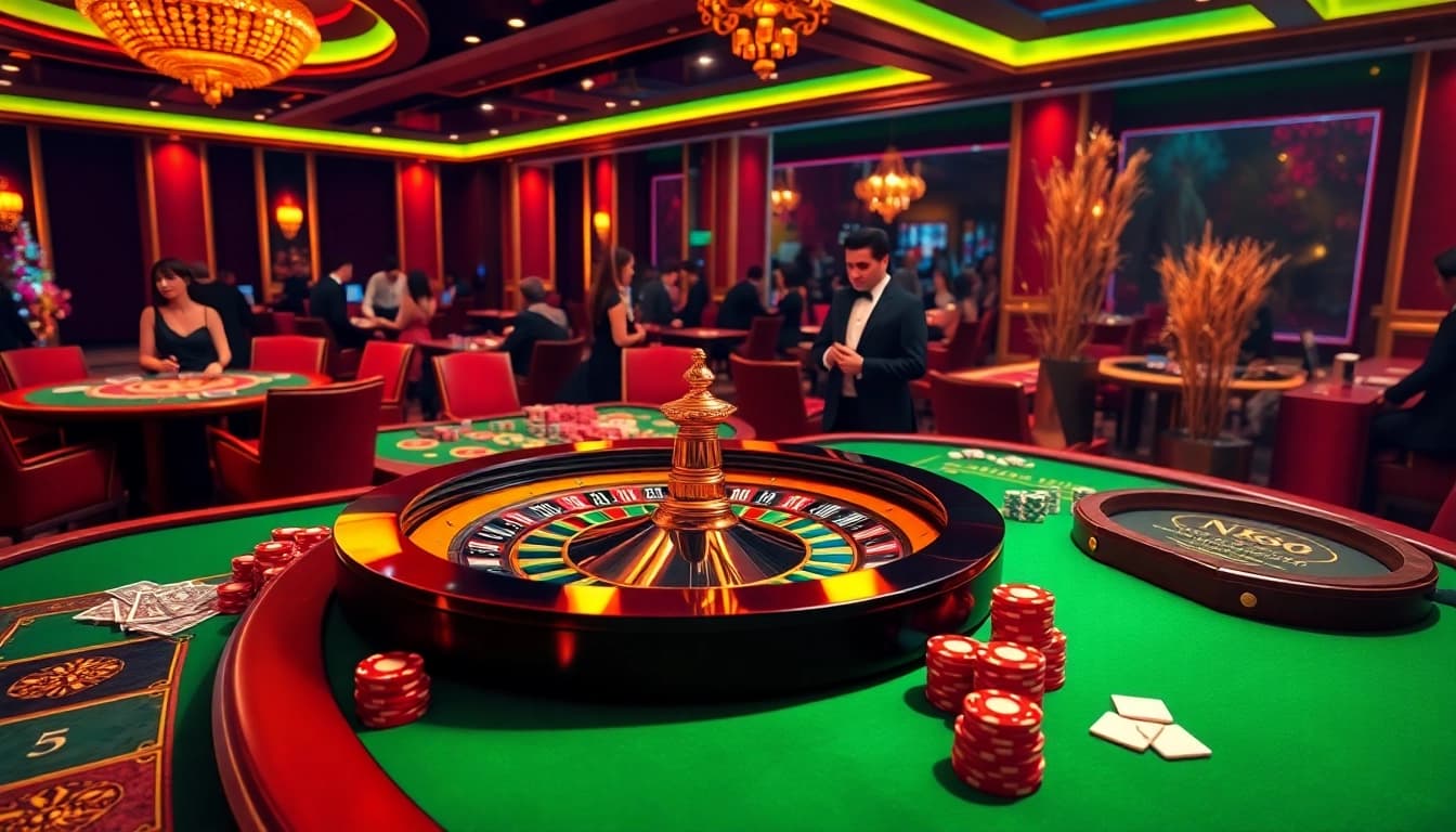 NK88 players enjoying a thrilling casino experience with poker chips and roulette wheel.