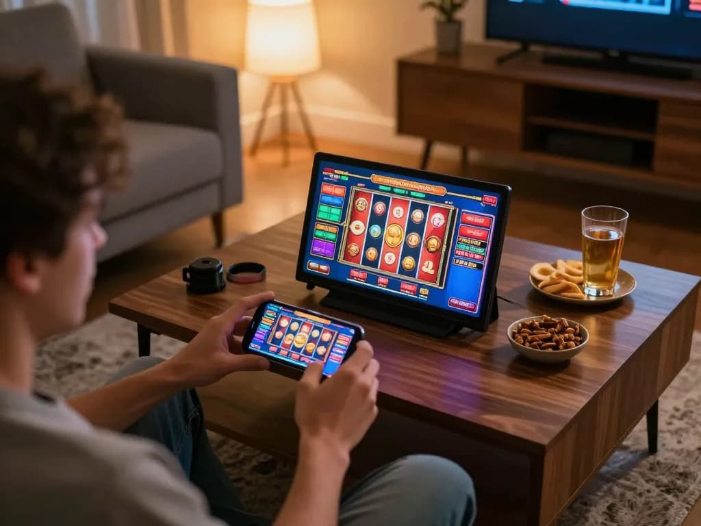 Win678 player enjoying online slots on their mobile device in a cozy home setting