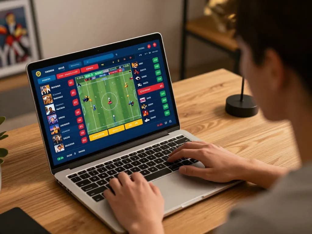 Bsport user analyzing betting odds in a modern home office, illustrating strategic betting.