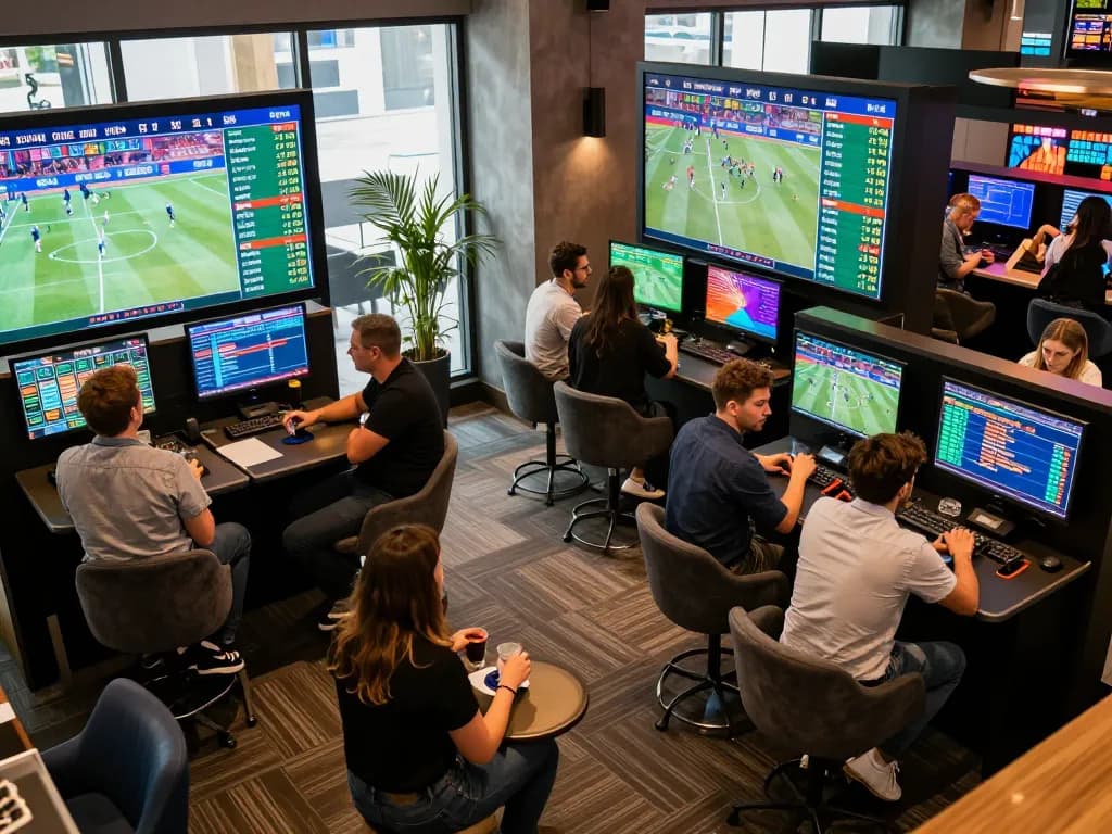 Engaged bettors analyzing tỷ lệ kèo nhà cái 5 in a lively sports lounge atmosphere
