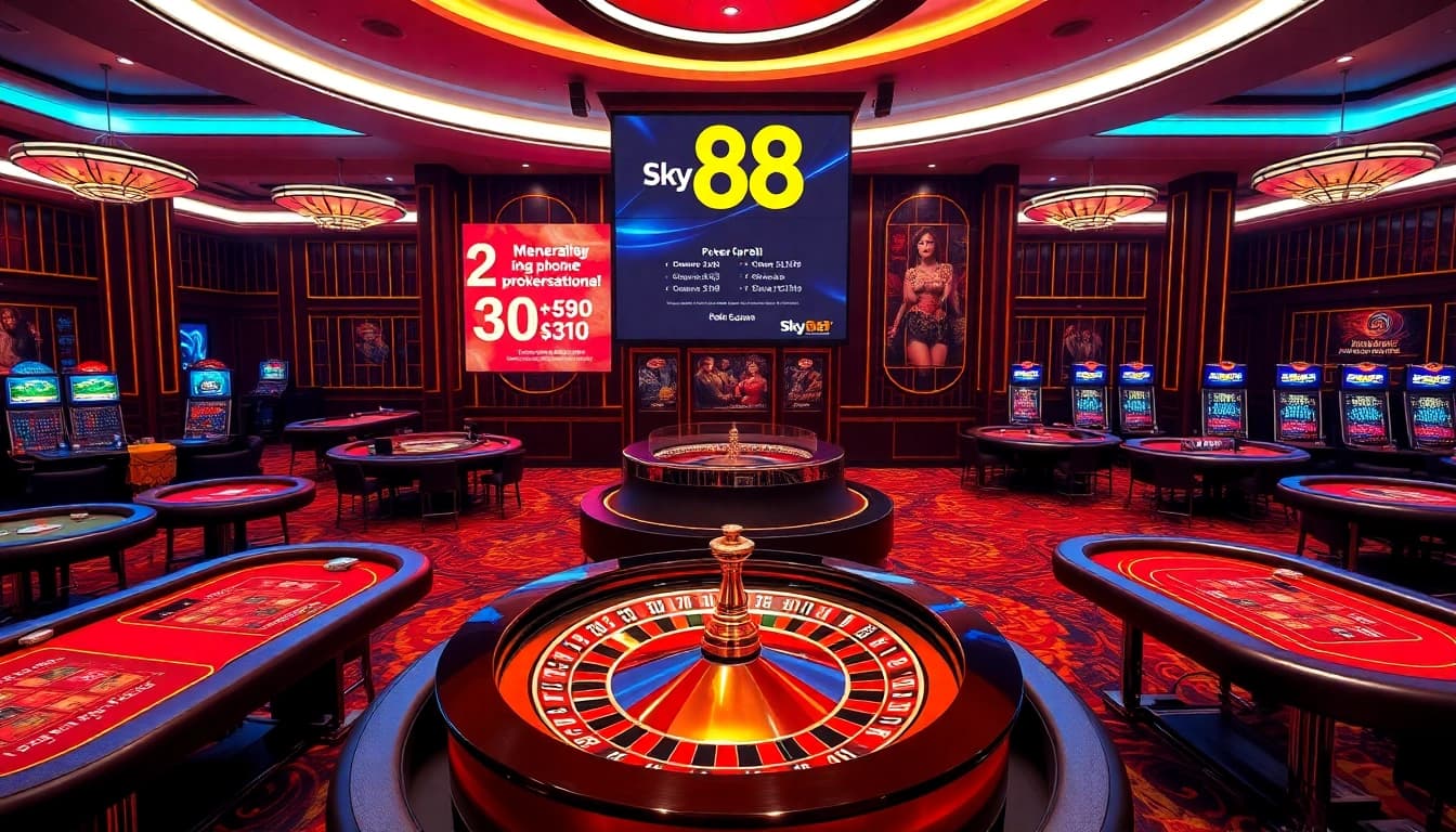Experience the thrill of "Sky 88" at an elegant casino with high-stakes tables and vibrant games.