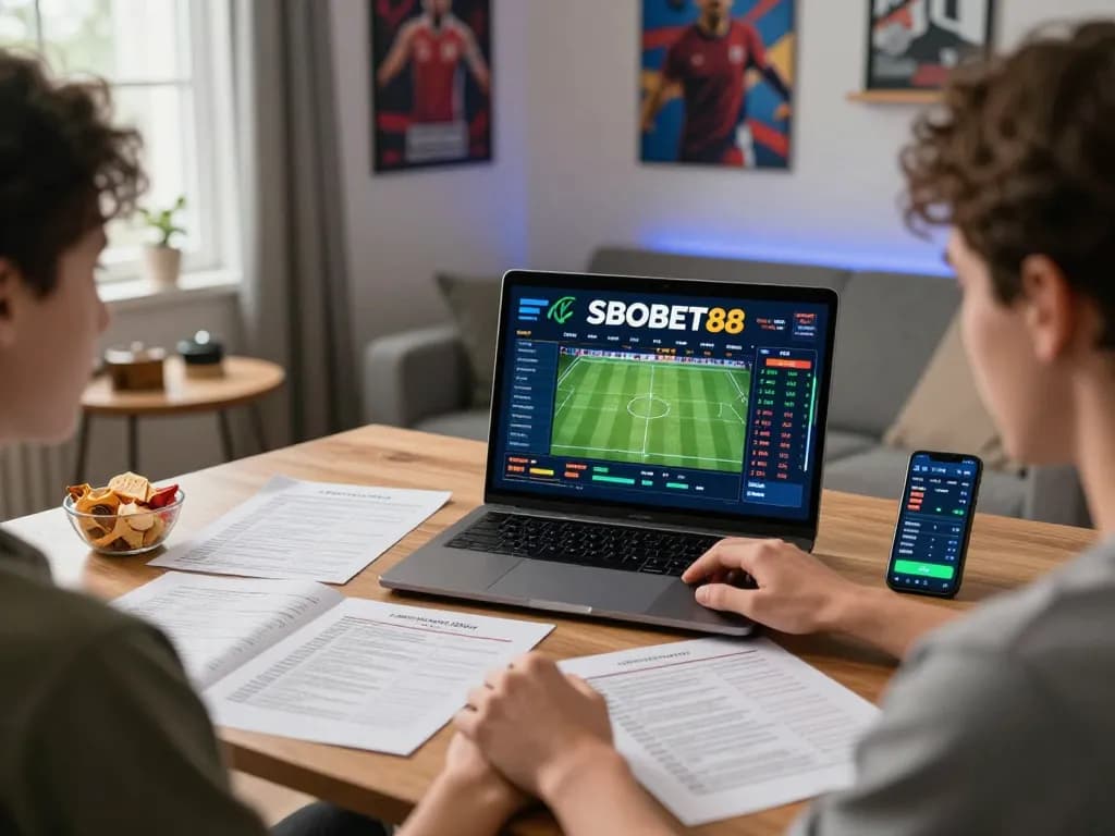 SBOBET88 online betting experience with user placing bets at home, surrounded by sports paraphernalia and live odds.