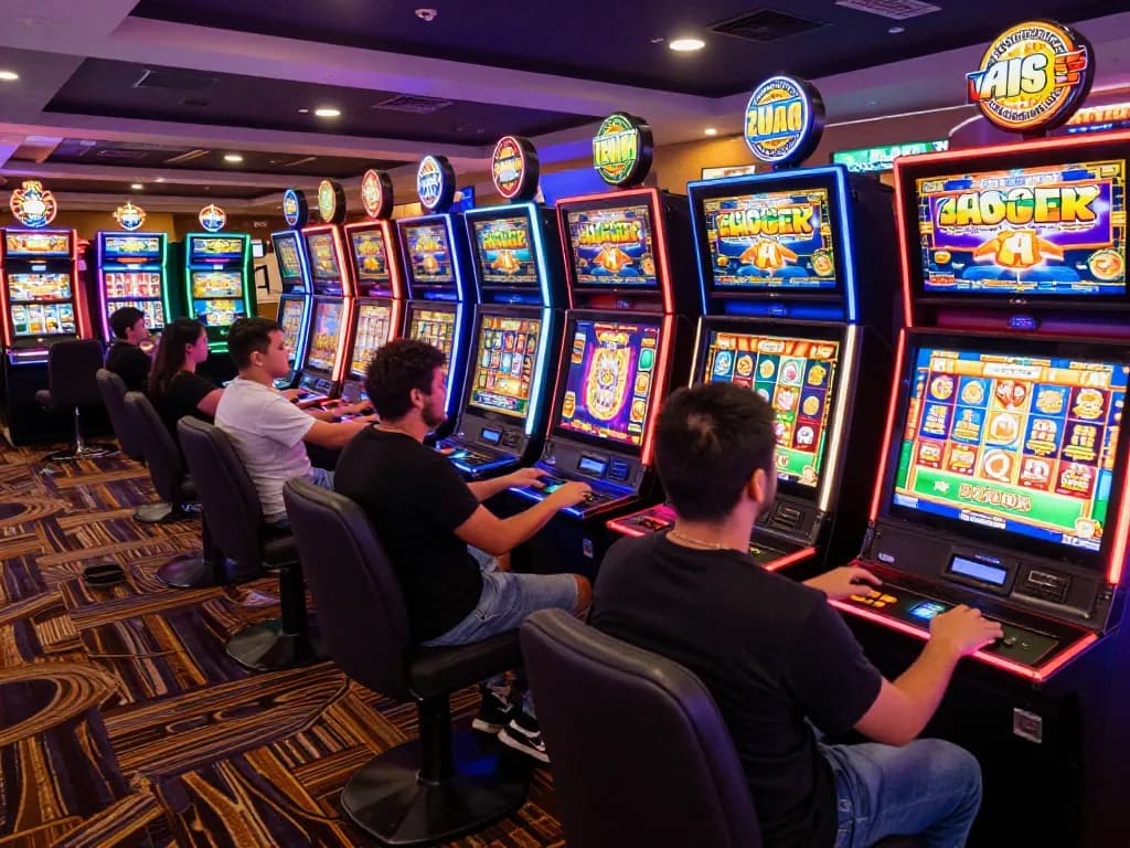 Engaged players experiencing the thrill of slot online gacor games in a lively casino environment, showcasing interactive machines and vibrant lights.
