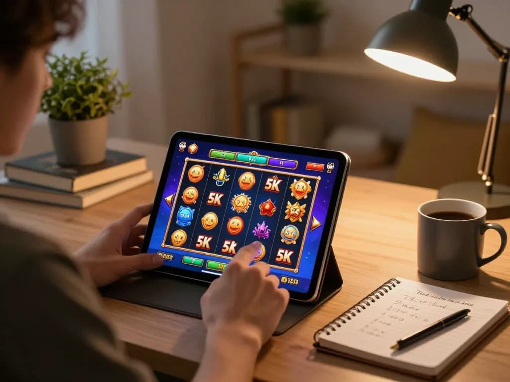 Engaging gameplay on slot 5k with graphics displayed on a tablet surrounded by cozy home elements.
