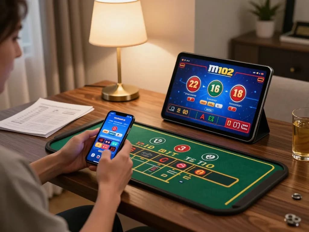 Player engaging with the m102 casino app on smartphone while gaming with live dealers at home.