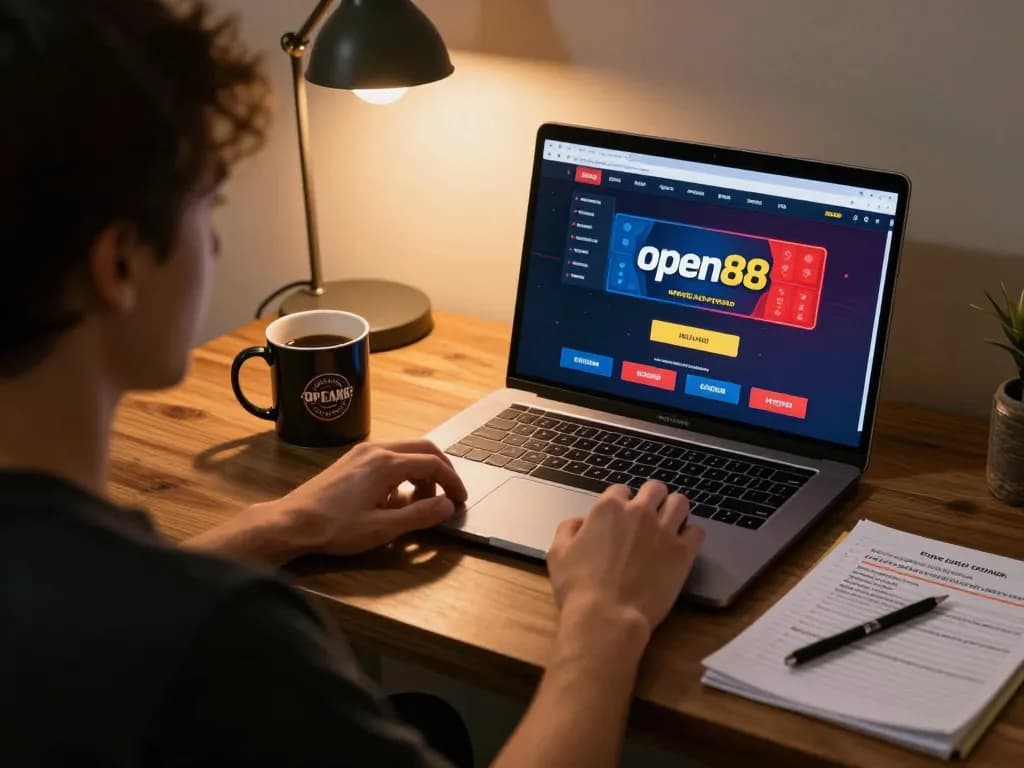 Experience open88 online gaming with a user immersed in strategic betting at home.
