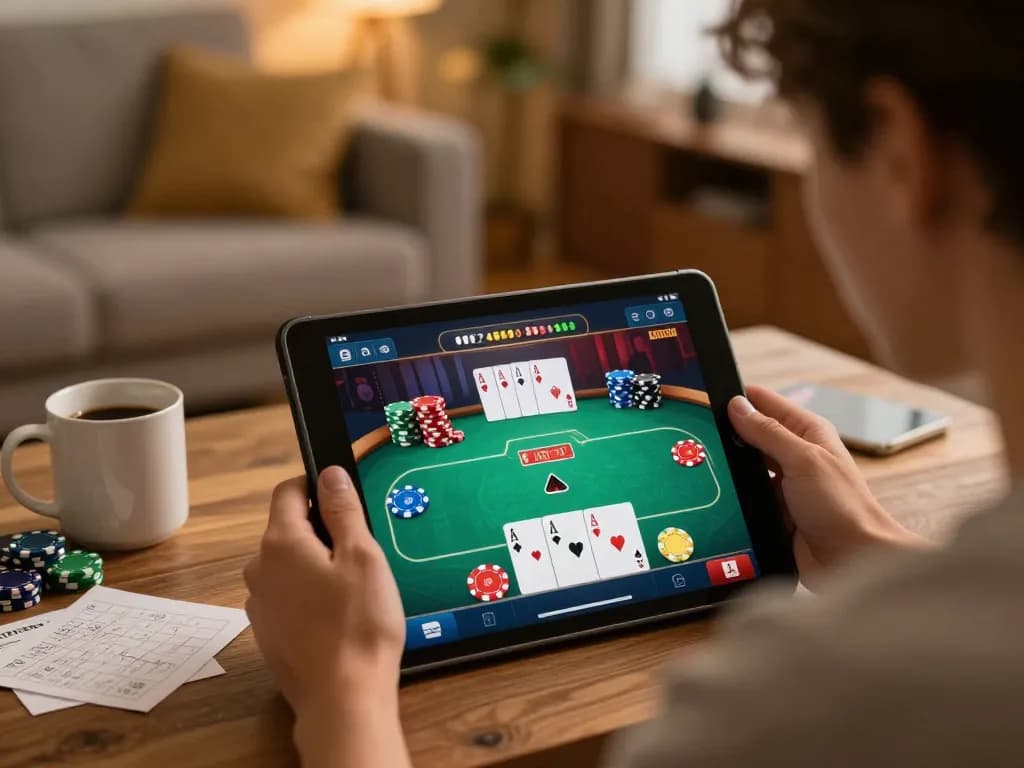 Player engaging with lc88 online casino app on tablet while reviewing strategy notes in cozy home setting.