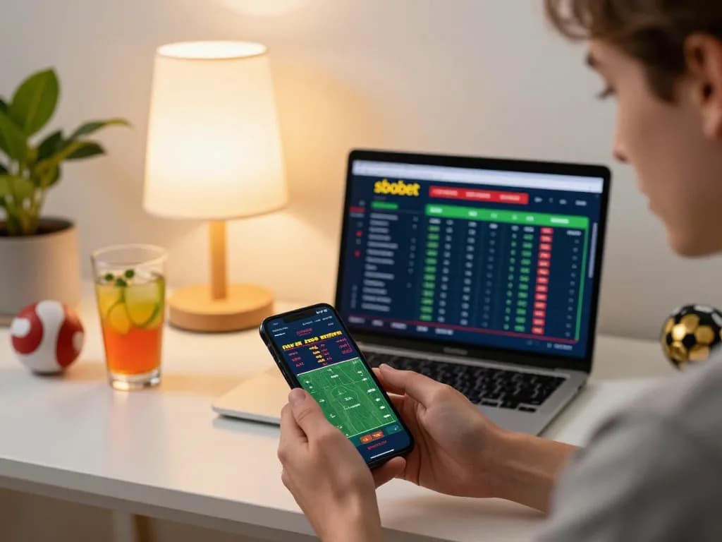 Sbobet sports betting on smartphone at a modern home gaming setup with detailed interface.