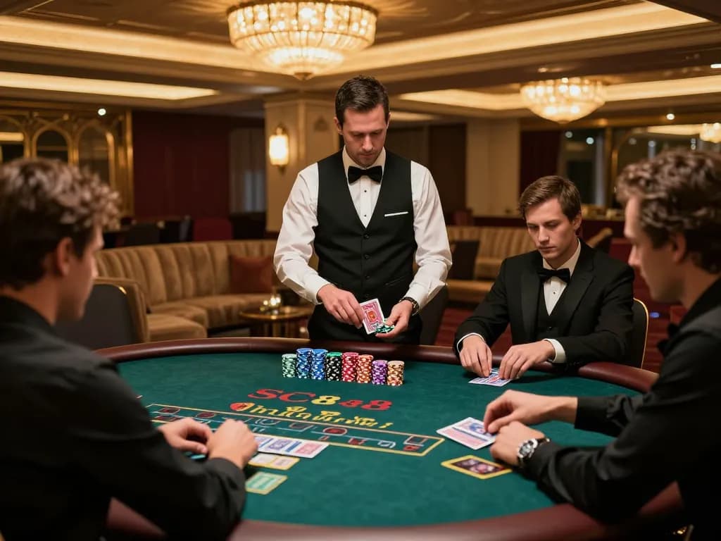 Players engaging at SC88 casino blackjack table, highlighting strategic betting moments and upscale atmosphere.